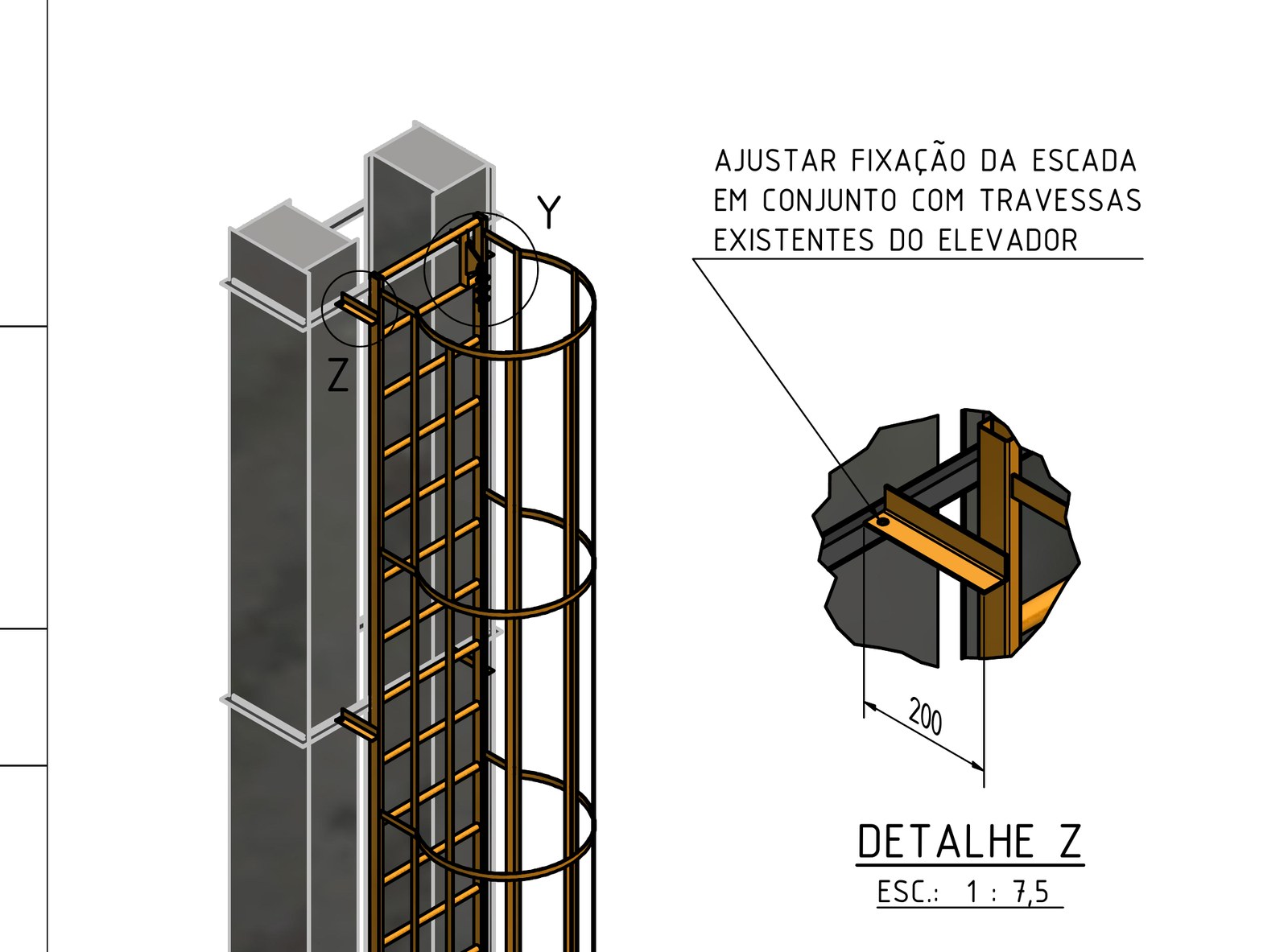 Escada com Gaiola e Linha de Vida para Elevador Tombador
