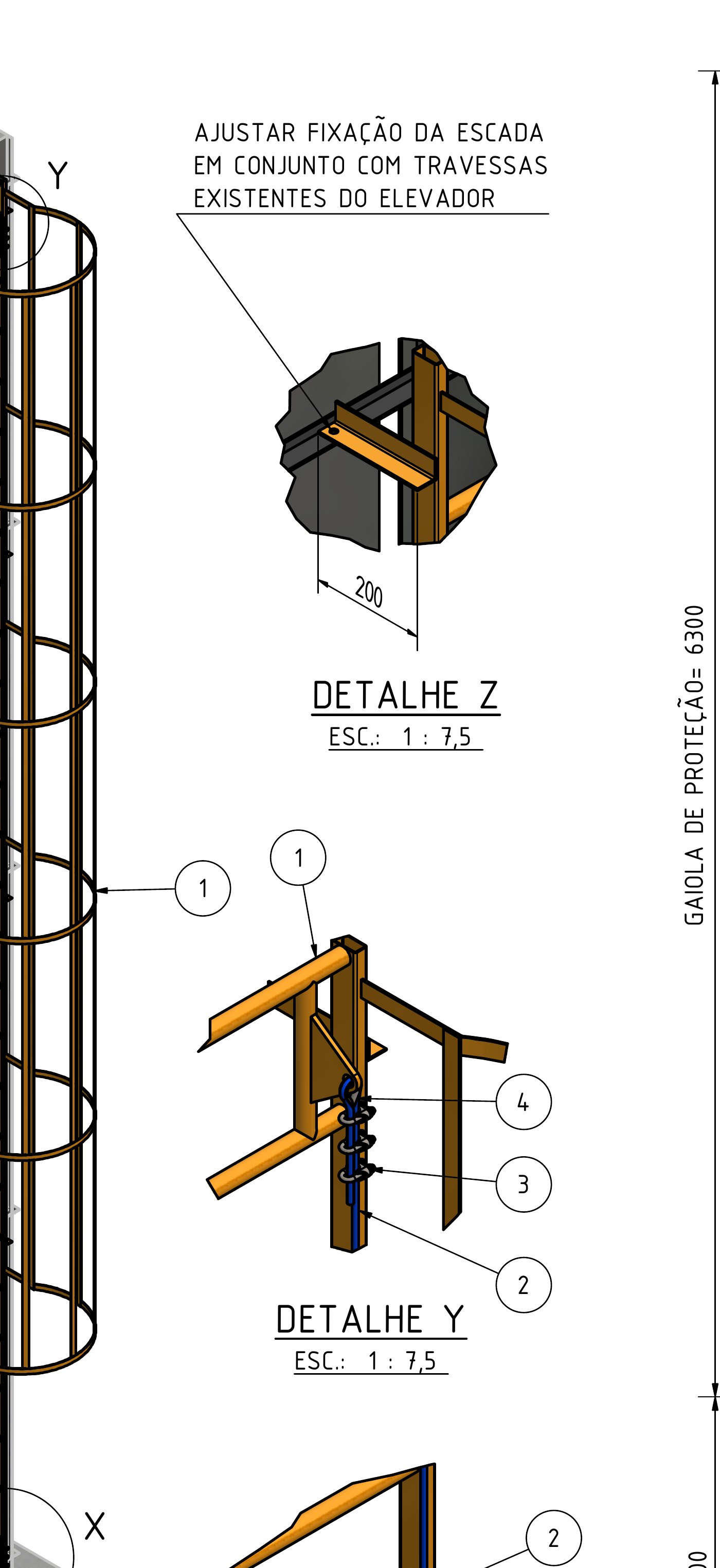 Detalles de fixación de la escalera y montaje de los componentes de la línea de vida