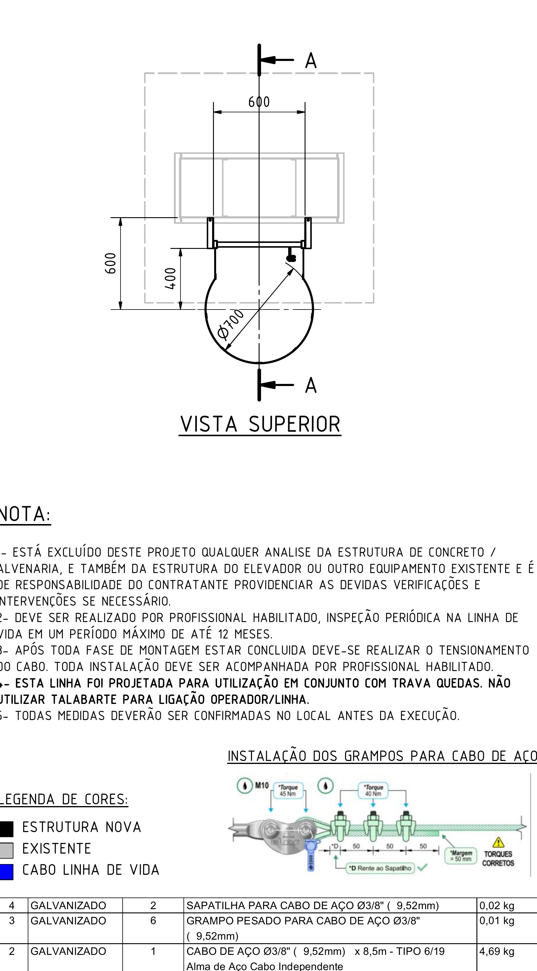 Vista superior, notas, instalación de las clavijas y lista de materiales
