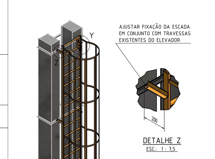 Caged ladder and vertical lifeline on the truck tipper elevator, with attachment detail (CRAVIL)