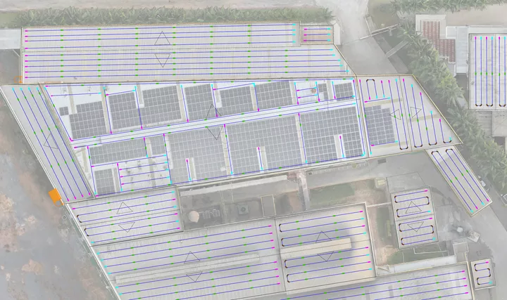Line layout on the orthophoto: blue cable, tensioners, energy absorbers and supports every 10 m (Baterias ERBS)