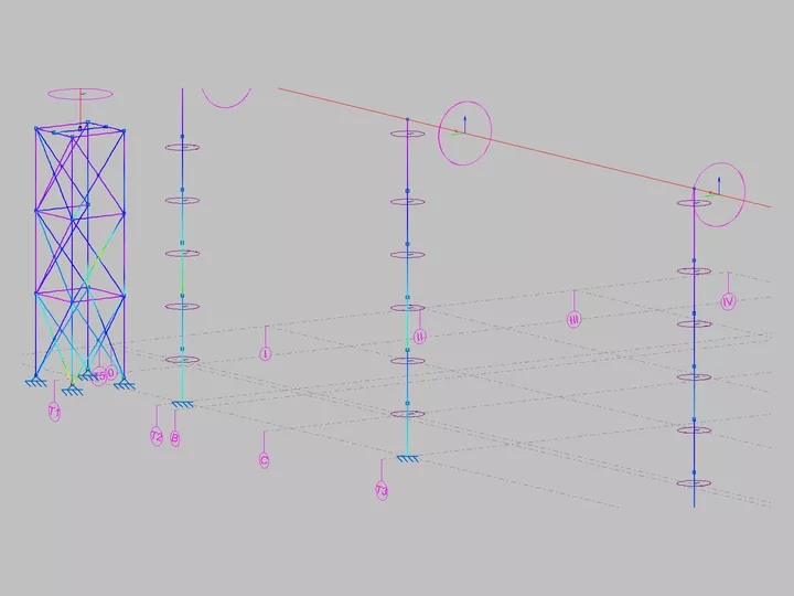 Calculation model of the posts and cable to obtain tension, sag and reactions